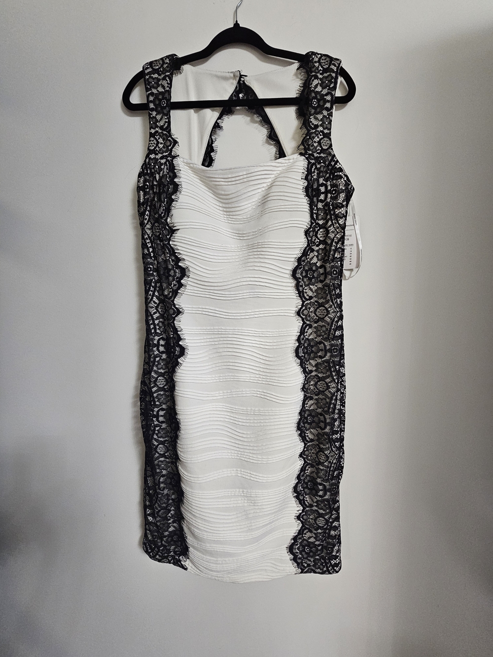 Frank Lyman Design White Dress with Black Lace Side Panels - Midi Sleeveless